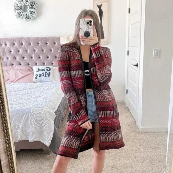 Rafaella Cardigan Red Black Faux Leather Trim Open Front - Picture 3 of 10